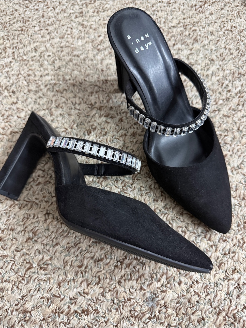 a new day Black Pointed Toe Gem-Embellished Block Heel Mules